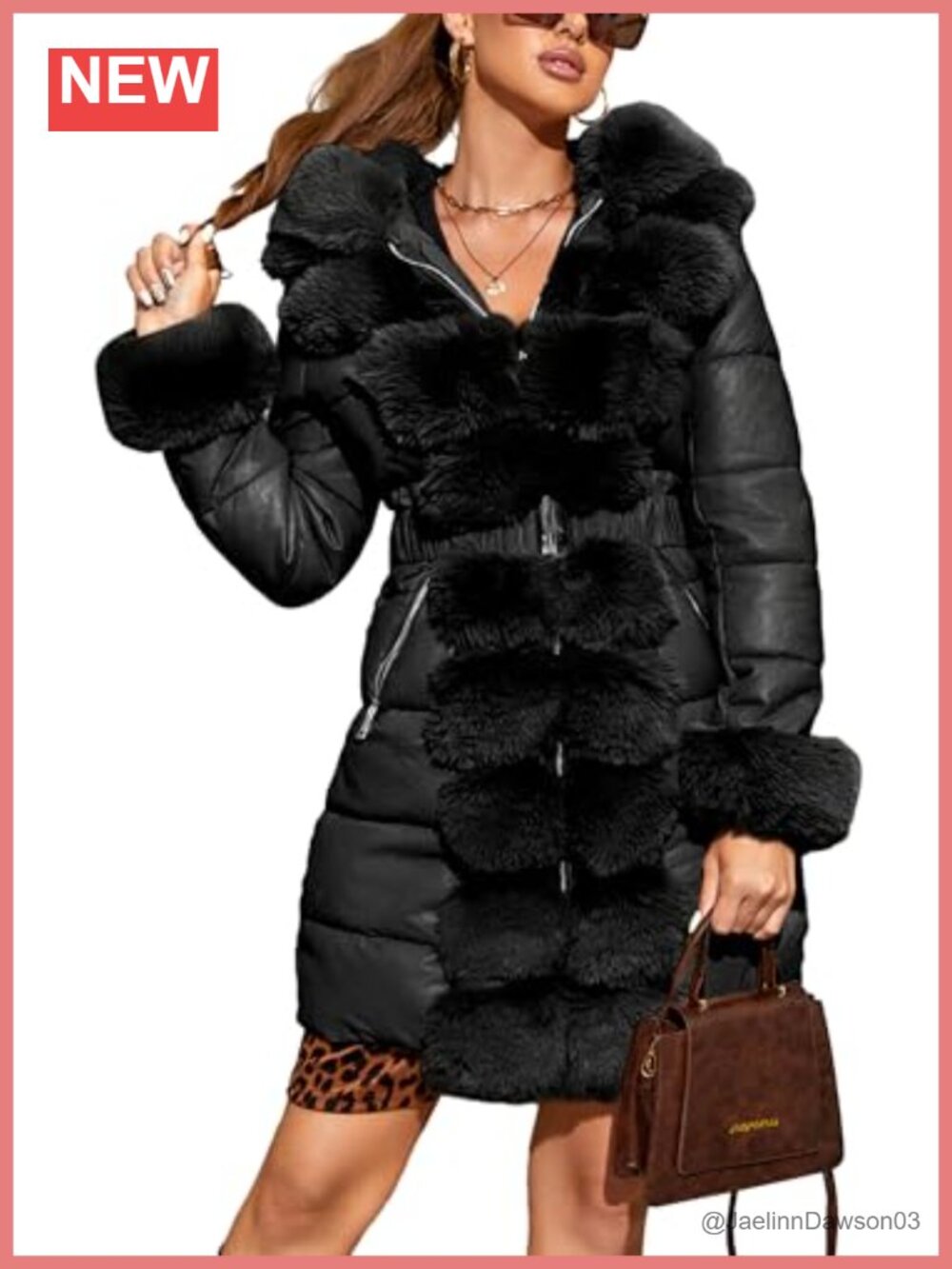 Faux Leather Puffer Jacket Quilted Faux Fur Lined Hooded Winter Coat